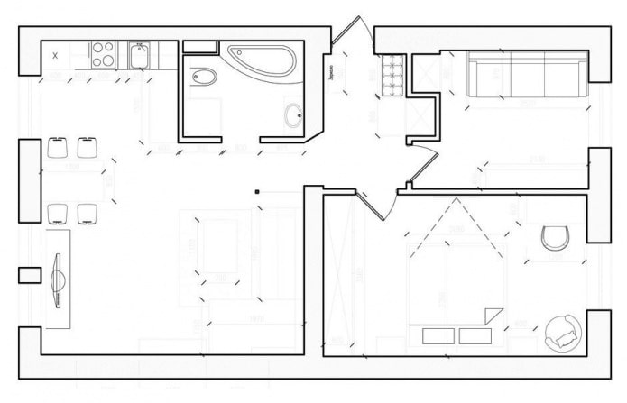 Grundriss im Entwurfsprojekt einer 3-Zimmer-Wohnung