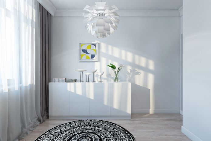 fehér komód egy modern, gyönyörű lakásban