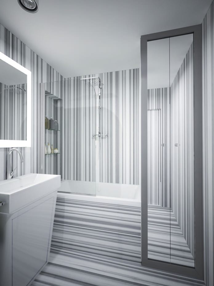 striped bathroom in the interior of an apartment of 34 sq. m.