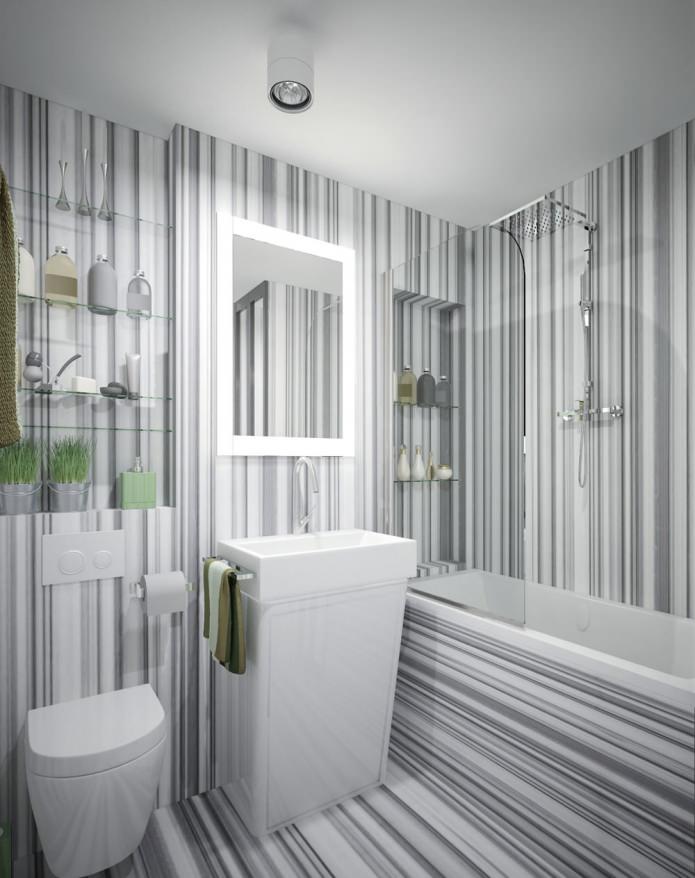 striped bathroom in studio design 34 sq. m.