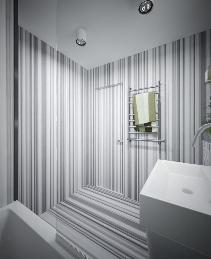 striped bathroom in the interior of an apartment of 34 sq. m.
