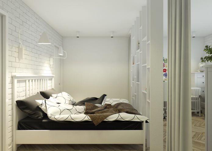 bedroom with a nursery in the design of an apartment of 65 sq. m.