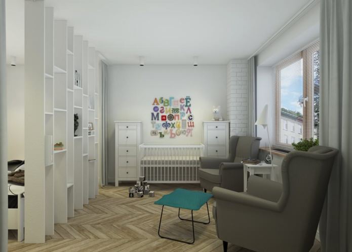 bedroom with a nursery in the design of an apartment of 65 sq. m.