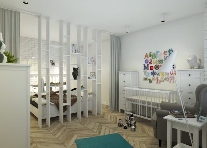 silid-tulugan na may isang nursery sa disenyo ng isang apartment na 65 sq. m