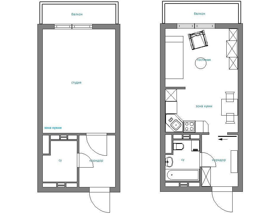 layout ng disenyo ng isang studio apartment 28 sq. m