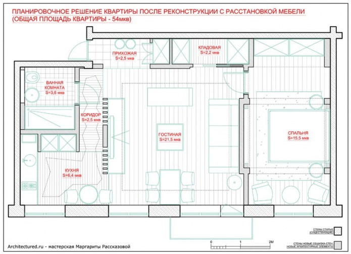 The layout of the apartment is 54 sq. m.