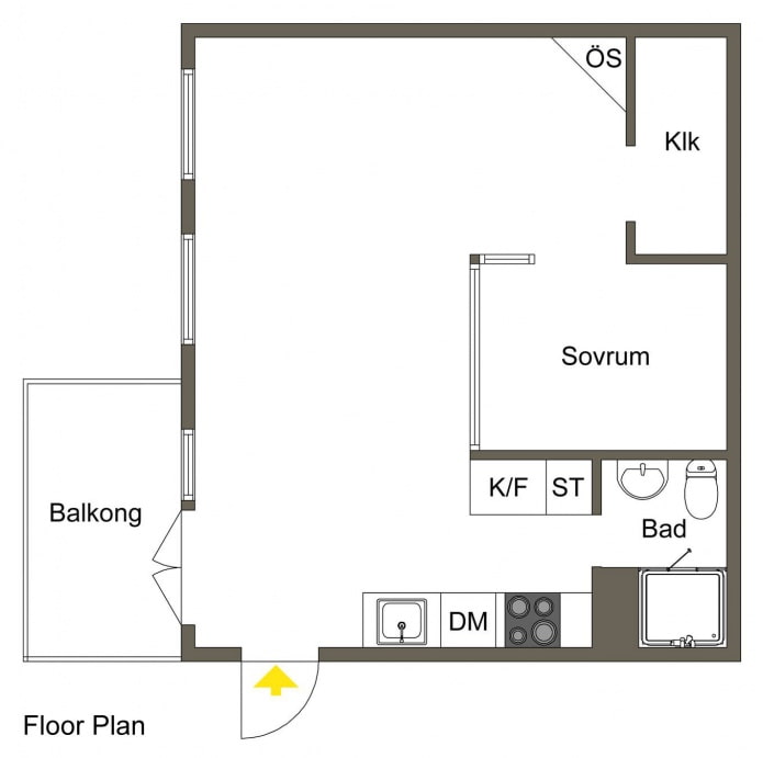 layout ng isang studio apartment 34 sq. m
