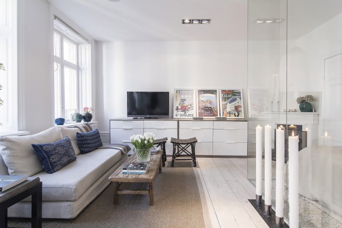 Schwedisches Interieur eines Studio-Apartments 34 qm. m.