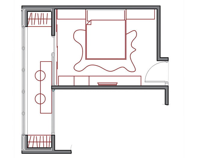 Layout of a bedroom of 14 m2 with a balcony