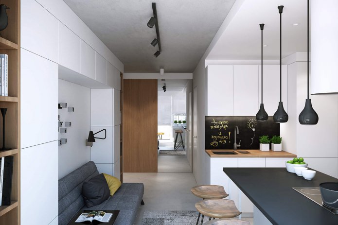 Modern design of a one-room apartment of 43 sq. m. from the Geometrium studio