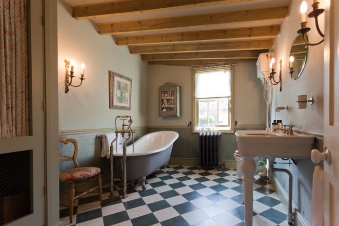 Vidéki stílusú fürdőszoba: jellemzők, fotók