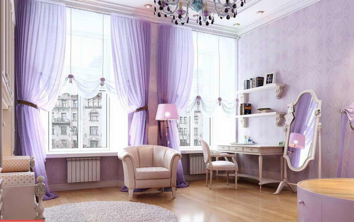 Lavendel Interieur: Kombination, Stilwahl, Dekoration, Möbel, Vorhänge und Accessoires