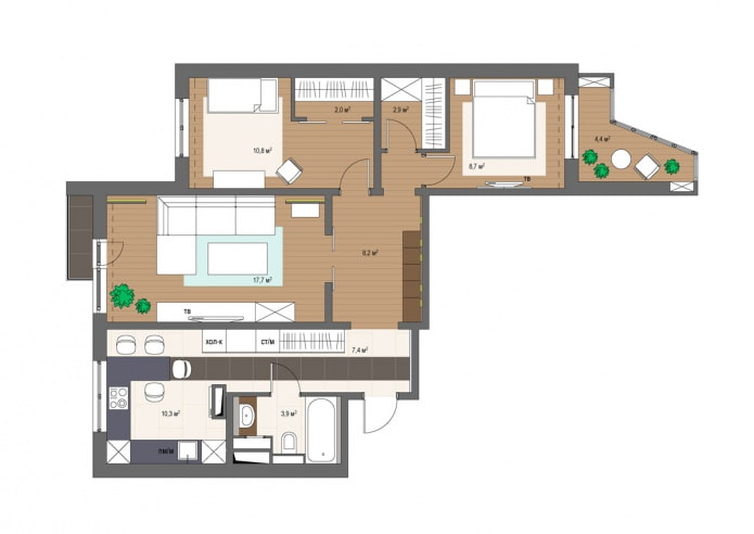 Modern design of a 3-room apartment in a house of the P-3 series