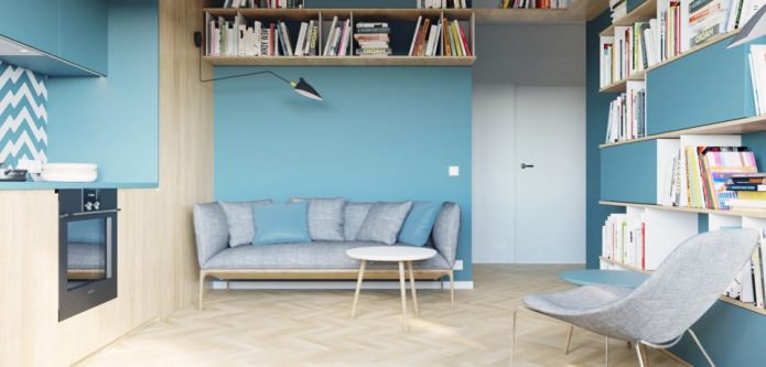 Entwurf eines Studio-Apartments 40 qm. m. in den Farben Weiß und Türkis