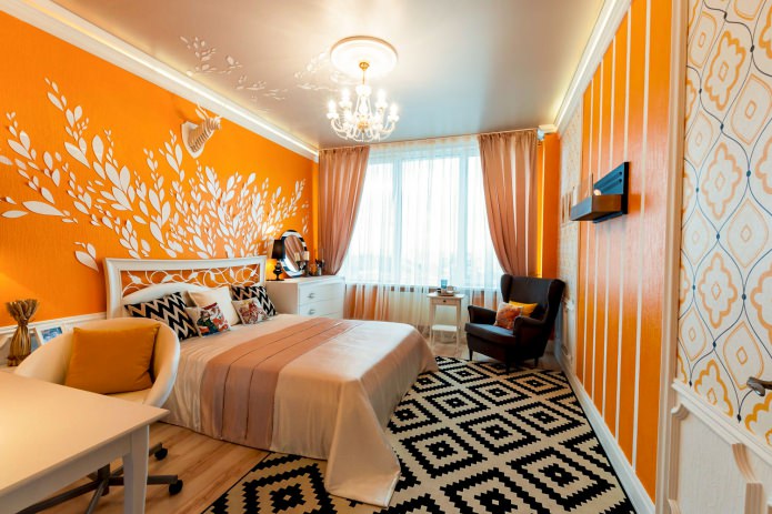 Schlafzimmerdesign in Orangetönen: Gestaltungsmerkmale, Kombinationen, Fotos