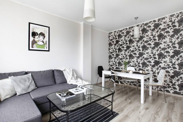 Weiße und schwarzweiße Tapeten im Wohnzimmer: 55 Fotos im Innenraum