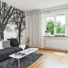 Weiße und schwarz-weiße Tapeten im Wohnzimmer: 55 Fotos im Innenraum-11