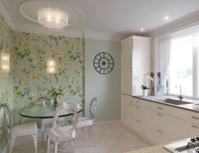 Kitchen design with green wallpaper: 55 modern photos in the interior