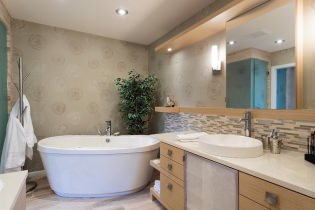 Tapéta a fürdőszobához: előnyök és hátrányok, típusok, design, 70 fotó a belső térben