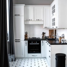 Fehér konyha kialakítása fekete pulttal: 80 legjobb ötlet, fotó a belső térben-11