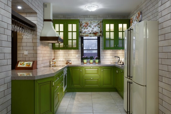 Zöld konyhakészlet: választott jellemzők, kombinációk, 60 fénykép