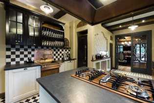 Kitchen interior with a dark countertop: features, materials, combinations, 75 photos
