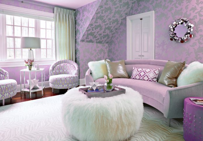 Lilac wallpaper in the interior: types, design, choice of style and curtains, combinations, 55 photos