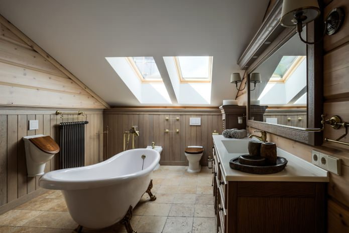 Tetőtéri fürdőszoba kialakítása: befejező jellemzők, szín, stílus, függönyválasztás, 65 fotó