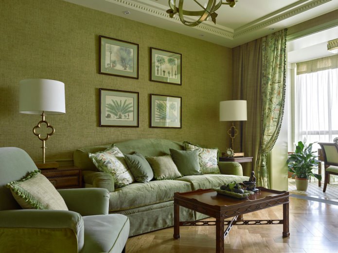 Дизајн ентеријера у маслинастој боји: комбинације, стилови, завршна обрада, намештај, акценти