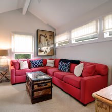 Piros kanapé a belső térben: típusok, kialakítás, tapétával és függönyökkel kombináció-1