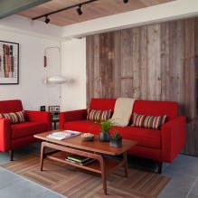 Piros kanapé a belső térben: típusok, kialakítás, tapétával és függönyökkel kombináció-2