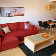 Piros kanapé a belső térben: típusok, kialakítás, tapétával és függönyökkel kombináció-32