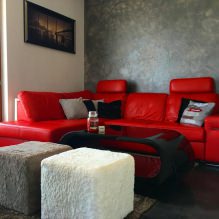 Red sofa in the interior: types, design, combination with wallpaper and curtains-12