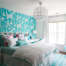 Turquoise wallpaper in the interior: types, design, combination with other colors, curtains, furniture-1