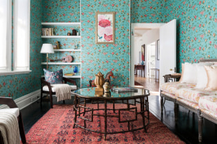 Turquoise wallpaper in the interior: types, design, combination with other colors, curtains, furniture