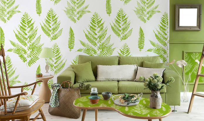 Light green wallpaper in the interior: types, design ideas, combination with other colors, curtains, furniture