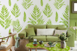 Világos zöld tapéta a belső térben: típusok, tervezési ötletek, kombináció más színekkel, függönyök, bútorok
