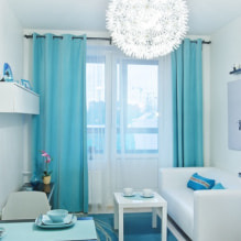 Плаве завесе на прозорима: врсте, дизајн, комбинација, тканине, декор, комбинација са тапетама-7