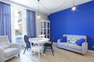 Kék szín a belső térben: kombináció, stílusválasztás, dekoráció, bútorok, függönyök és dekoráció
