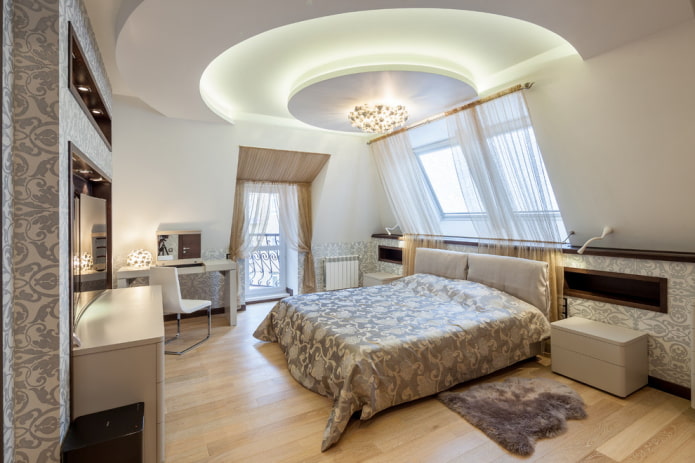 Plasterboard ceilings for the bedroom: photo, design, types of forms and structures