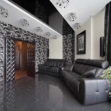 เพดานยืดสีดำและสีขาว: ประเภทของโครงสร้าง พื้นผิว รูปร่าง ตัวเลือกการออกแบบ-7