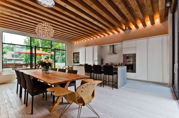 Wooden ceiling: types, design, color, lighting, examples in loft styles, minimalism, classic, provence