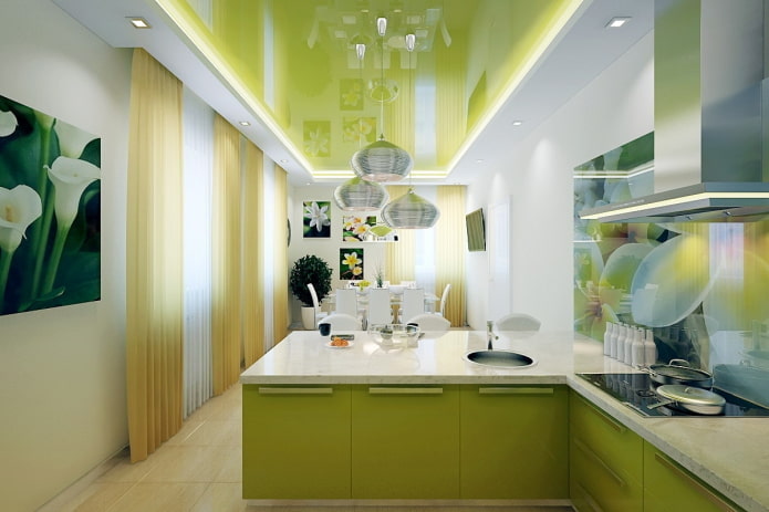 Green ceiling: design, shades, combinations, types (stretch, drywall, painting, wallpaper)