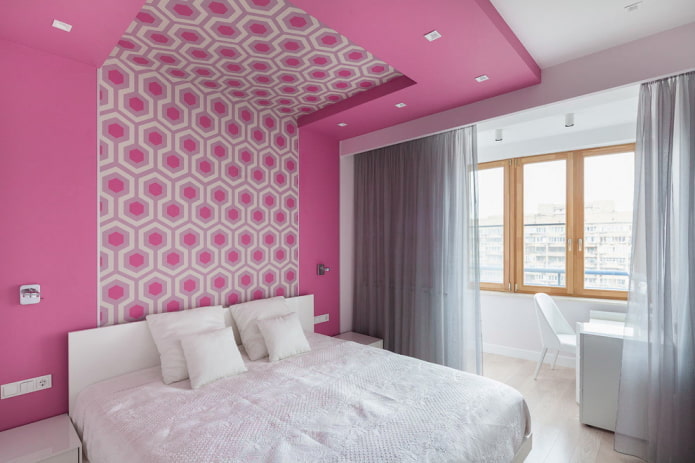 Pink ceiling: types (stretch, plasterboard, etc.), shades, combinations, lighting