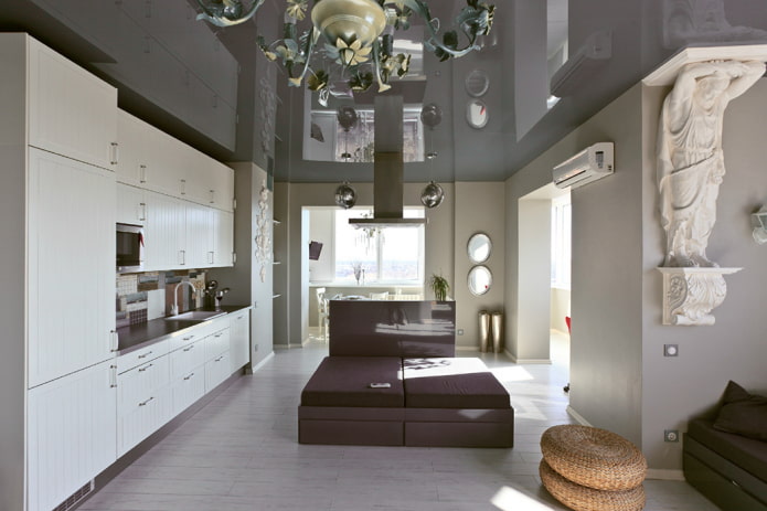 Gray ceiling in the interior: design, views (matte, gloss, satin), lighting, combination with walls