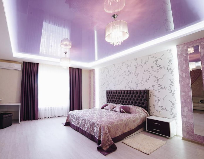 Lilac ceiling: types (stretch, plasterboard, etc.), combinations, design, lighting