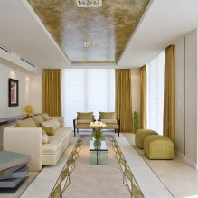 Deckendekoration im Wohnzimmer: Arten von Strukturen, Formen, Farbe und Design, Beleuchtungsideen-0
