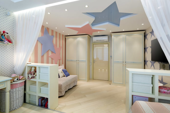 Tips for choosing a ceiling for a nursery: types, colors, designs and patterns, curly shapes, lighting