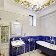 Mennyezet a fürdőszobában: a befejezés típusai anyag, tervezés, szín, tervezés, világítás szerint