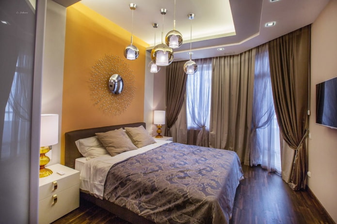 Decke im Schlafzimmer: Design, Typen, Farbe, lockige Designs, Beleuchtung, Beispiele im Innenraum